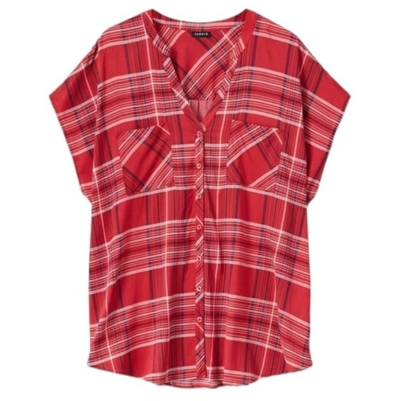 Torrid Red Plaid Challis Button Front Dolman Sleeve Top - Picture 1 of 7